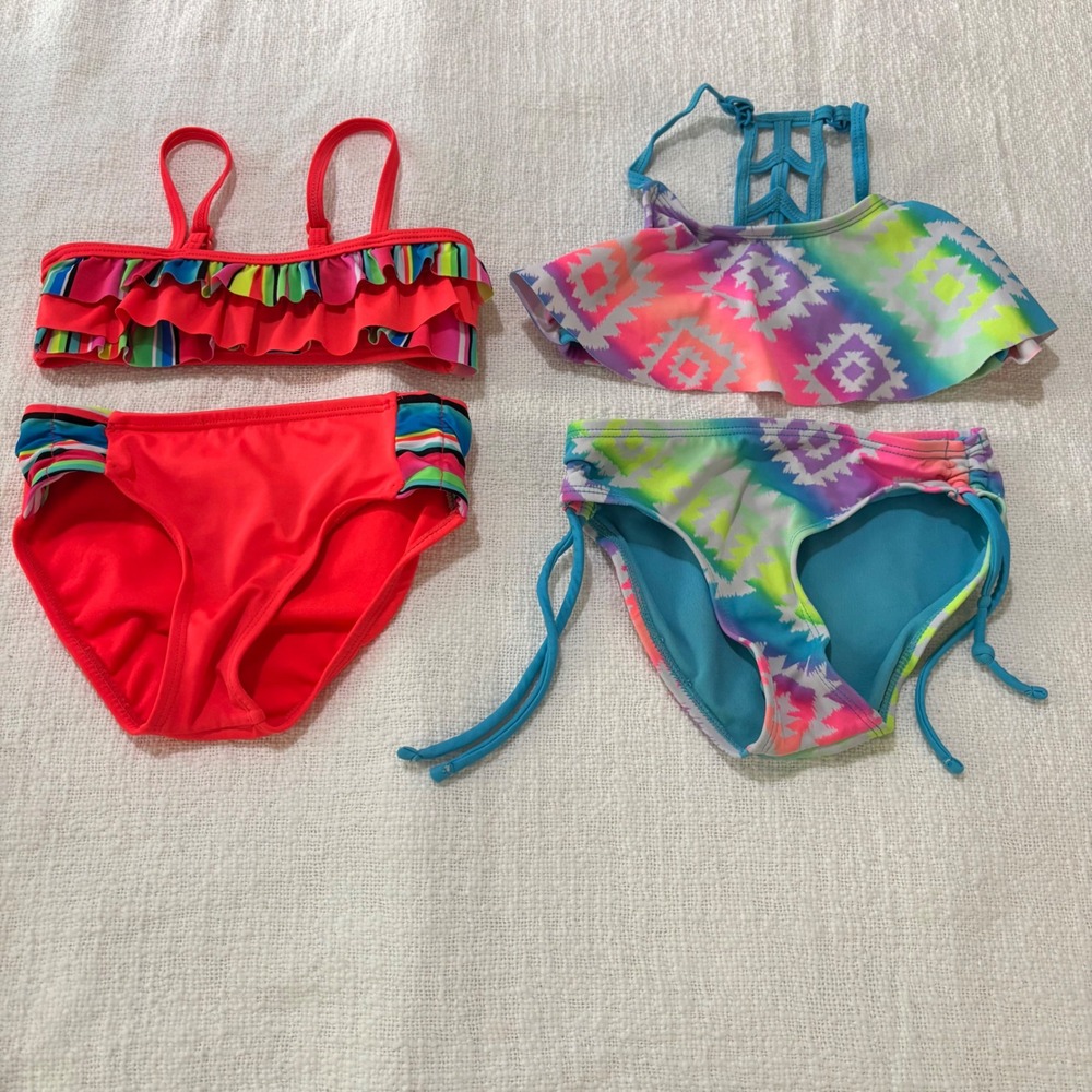 Justice Girls Two Piece Bikini Swimsuit Bundle Coral Ruffle Neon Aztec Size 5 6